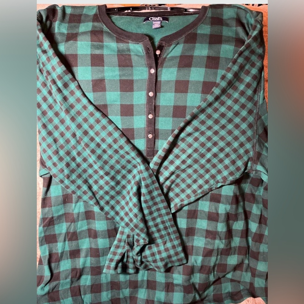 Women’s Chaps Green & Black Buffalo Plaid Henley Top 3X Plus Size